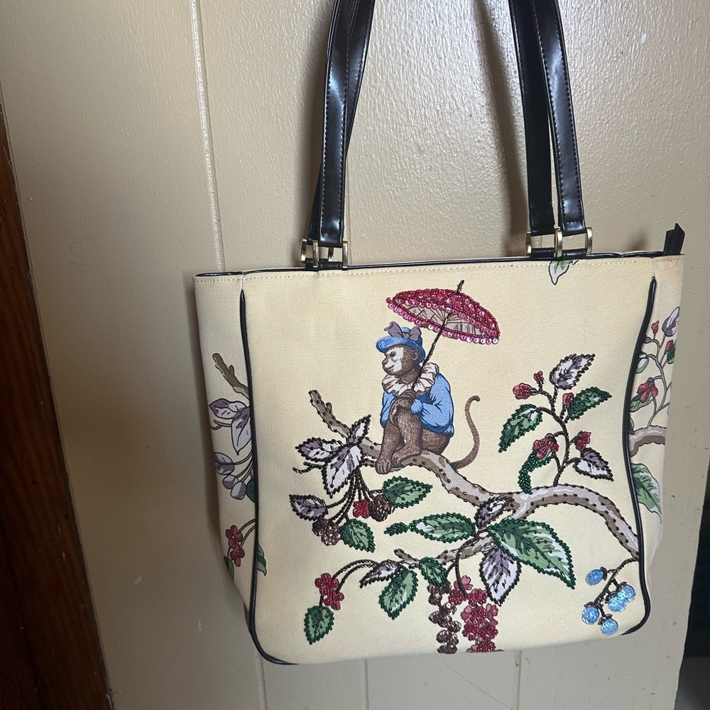 Braciano Cream Floral Tote Bag with Black Handles